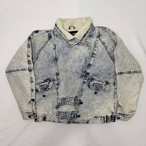 Vintage 80s Fabriano Acid Wash Denim Sherpa Bomber Jacket Womens L Cropped 90s